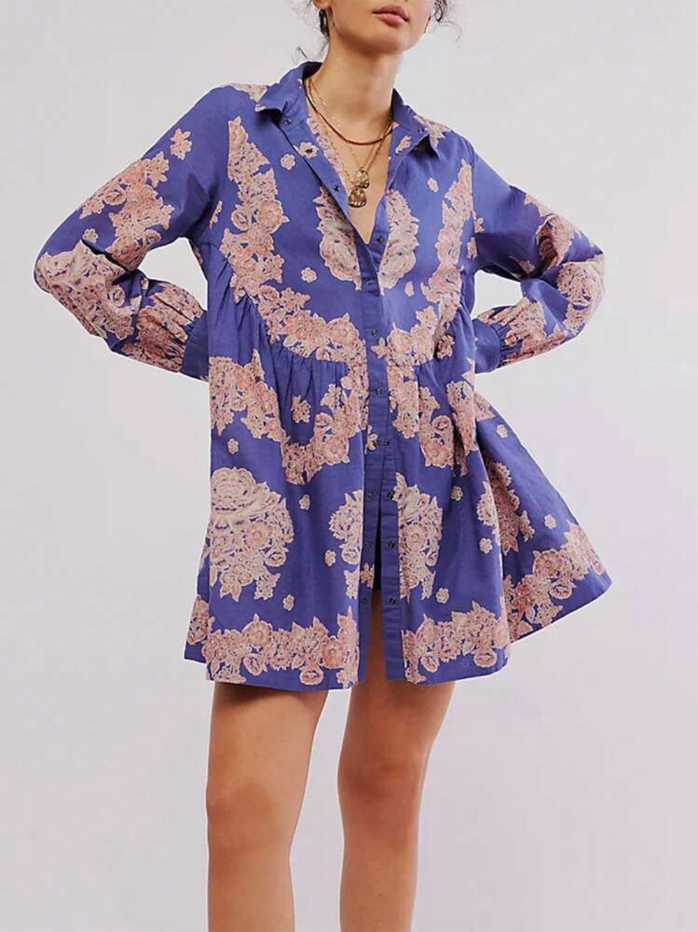 Free People Periwinkle Blue Mini Dress with Blush Floral Print